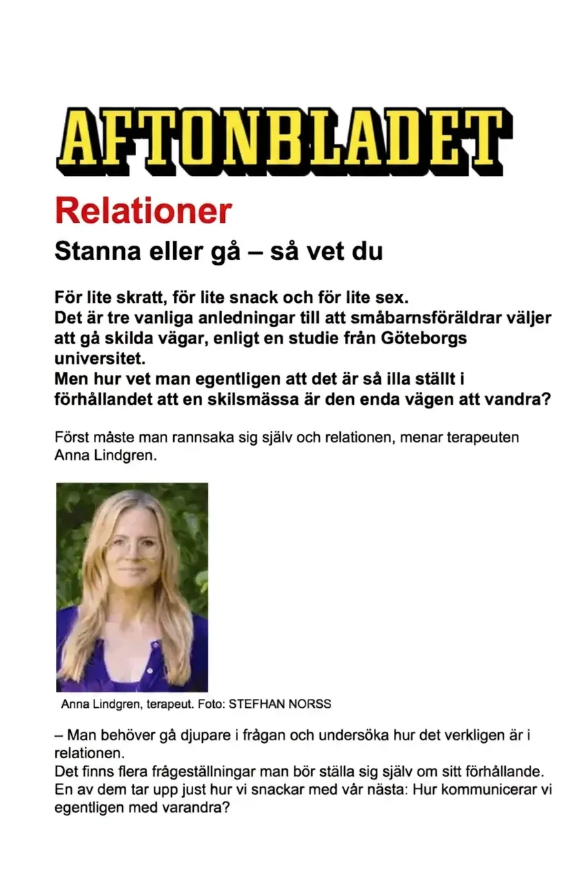 Utdrag ur Aftonbladets artikel om relationer och parterapi med Anna Lindgren
