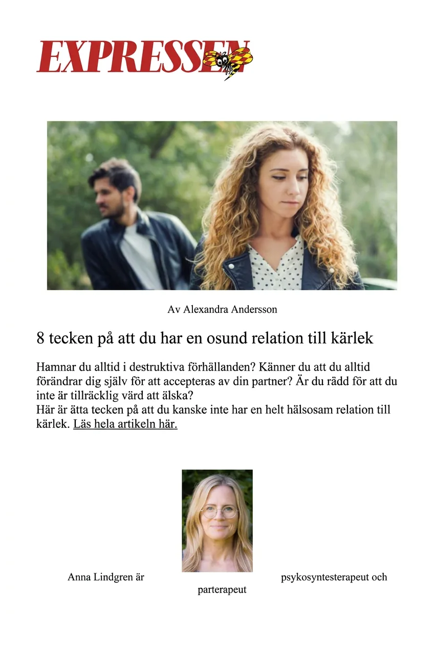 Expressen-artikel med Anna Lindgren, parterapeut