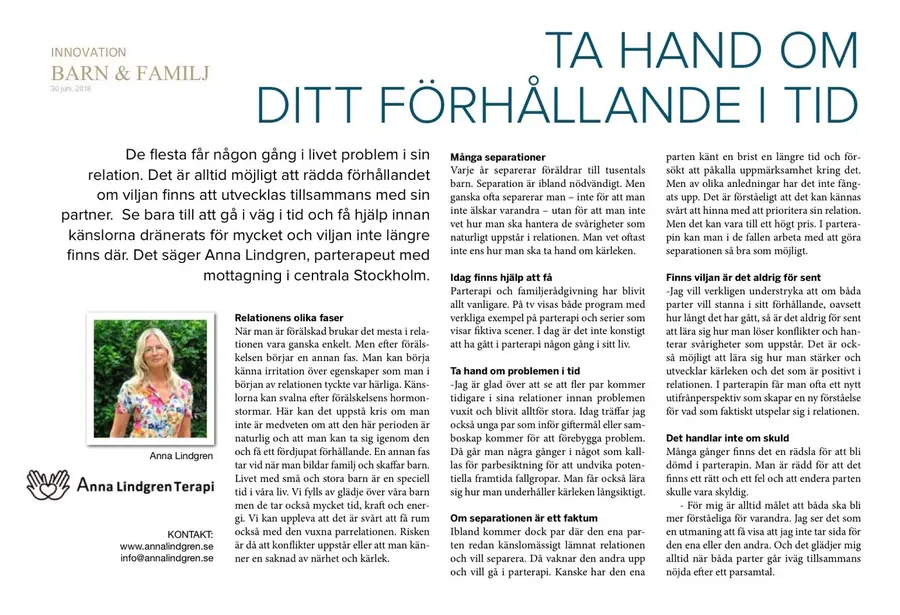 Svenska Dagbladet-artikel med Anna Lindgren, parterapeut på Södermalm